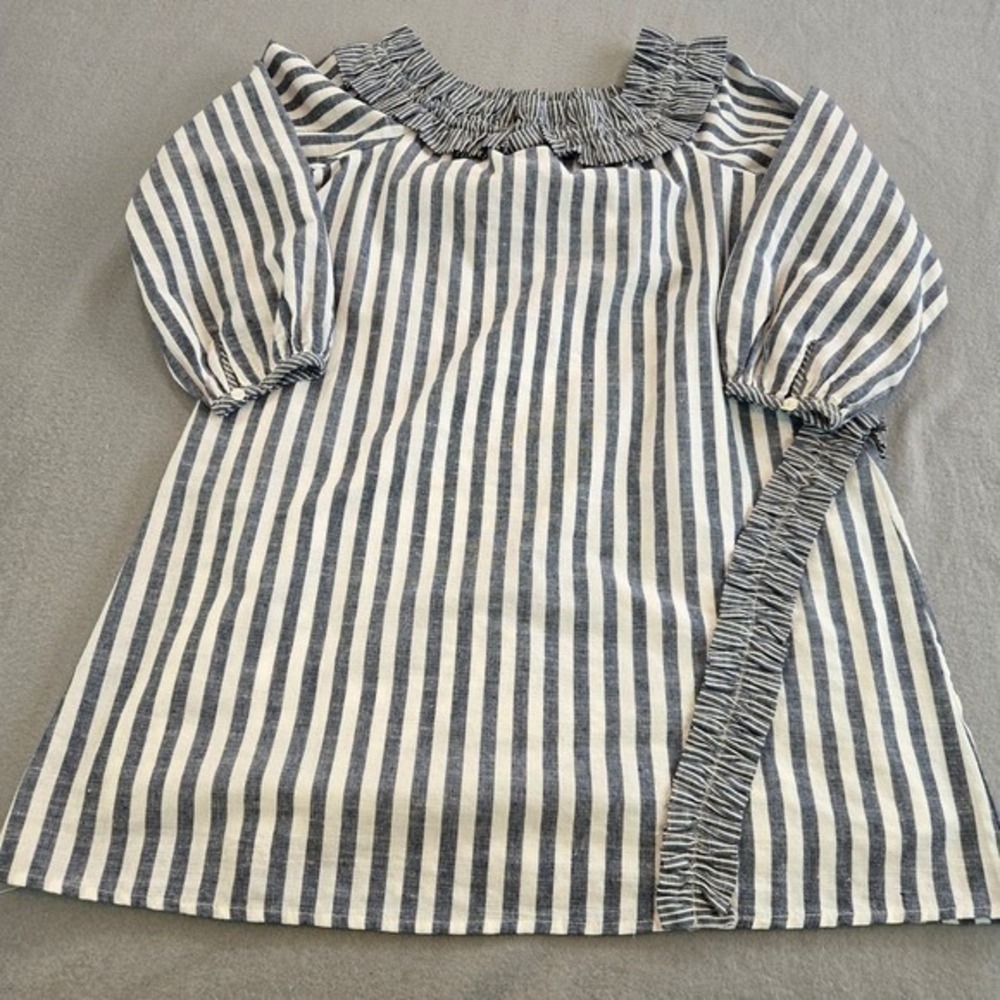 Loveriche Shift Dress Women Large Blue White Striped Ruffle Neck Cotton‎ LD42043